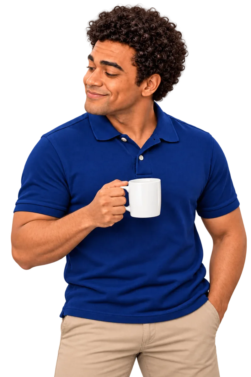 AI-generated business-owner character holding a coffee mug AI-generated business-owner character holding a coffee mug and looking slightly downward toward the headline